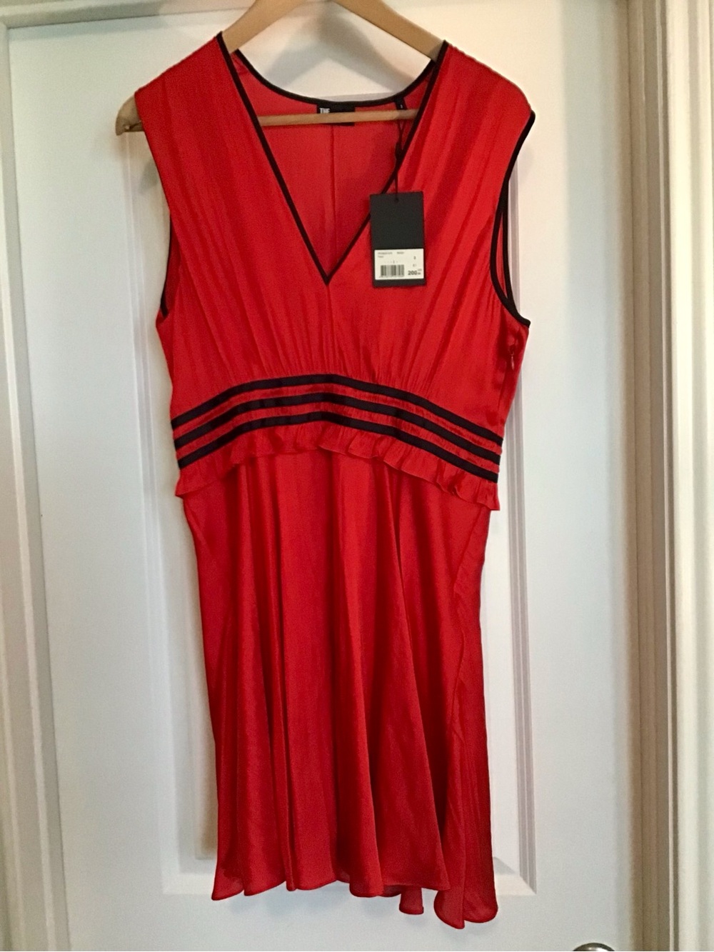 The Kooples Red Sleeveless V-Neck Dress with Black Trim
